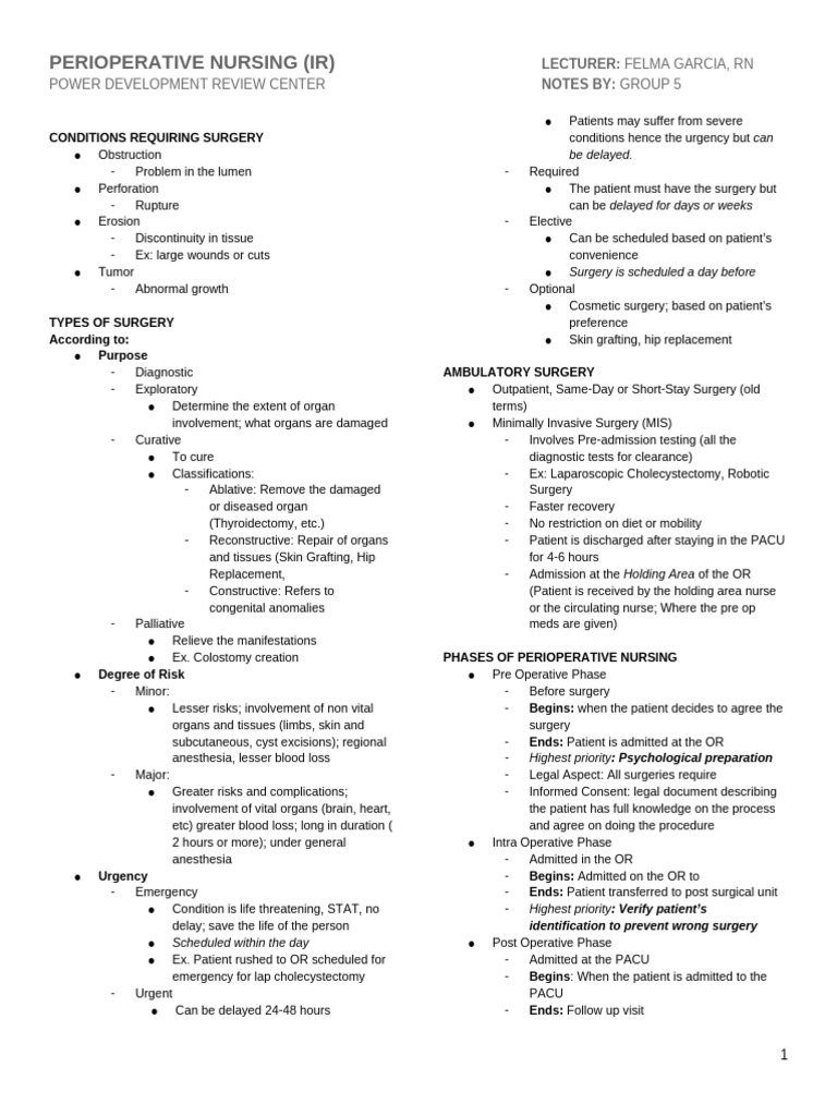 Perioperative Nursing Overview | PDF | Surgery | Anesthesia