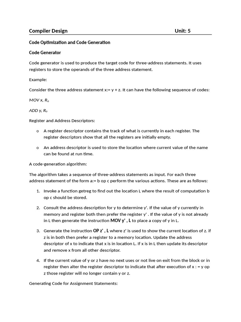 Code Generation for Three-Address Statements | PDF | Program ...