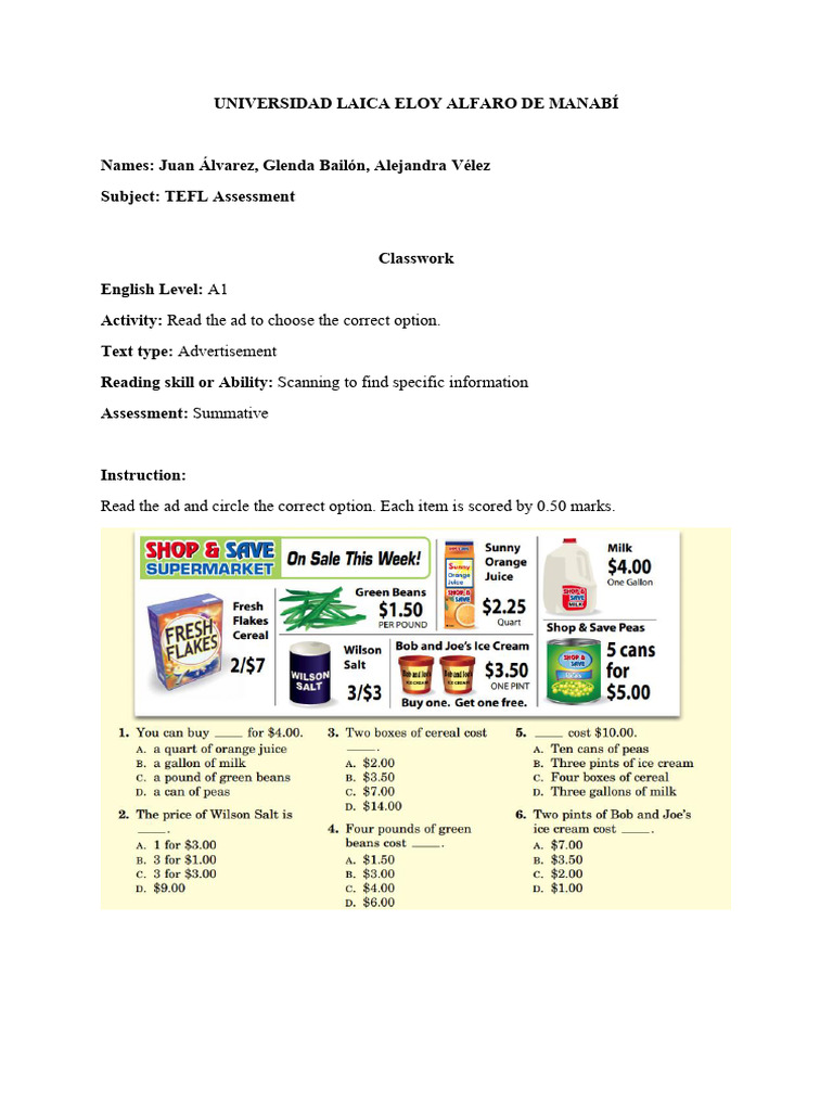 TEFL Assessment Activities for English Levels | PDF | Vocabulary ...