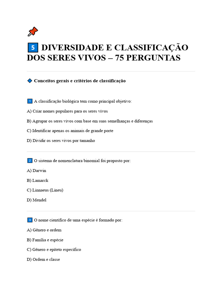 Classificação dos Seres Vivos: 75 Questões | PDF | Gênero | Plantas