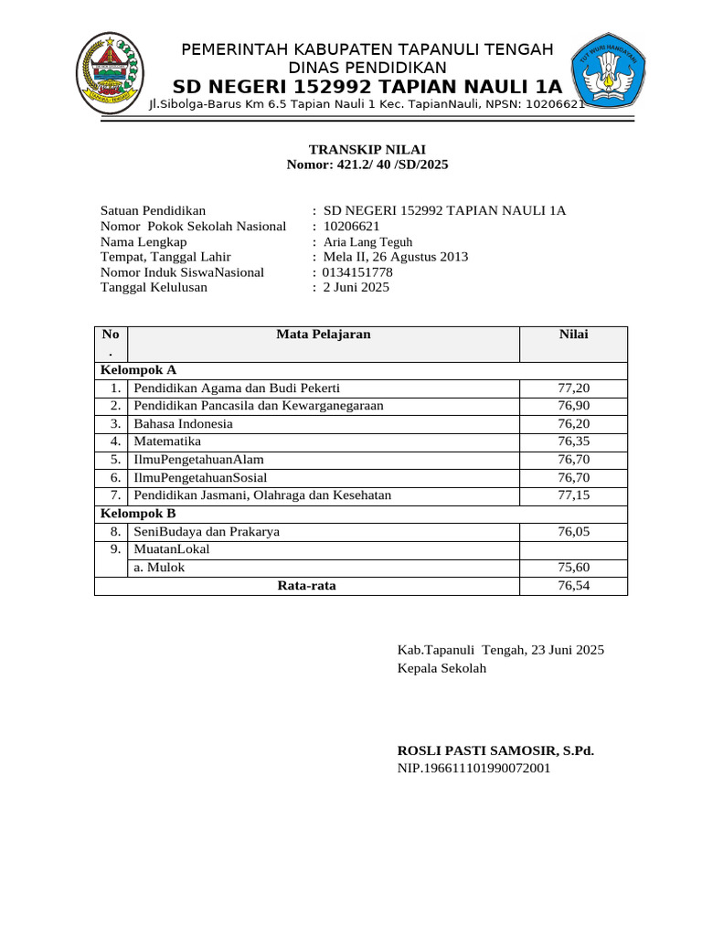 Transkip Nilai Siswa SD Negeri 152992 | PDF