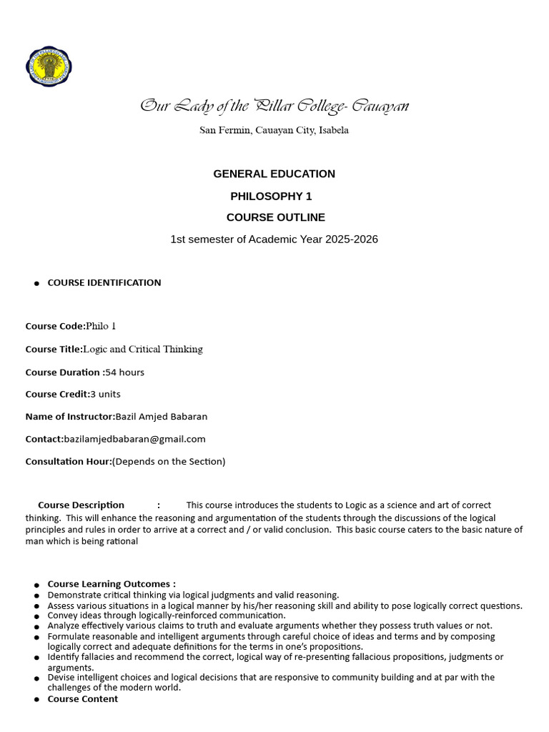 Logic and Critical Thinking Course Outline | PDF | Logic | Fallacy