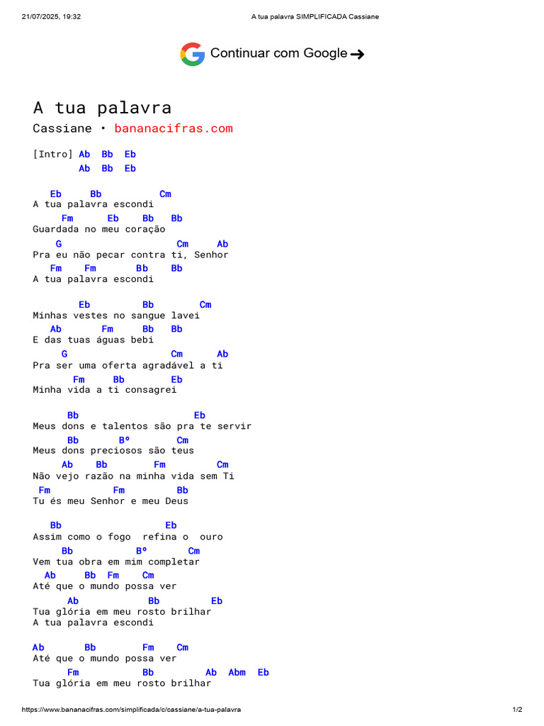 A Tua Palavra - Cassiane (Simplificada) | PDF