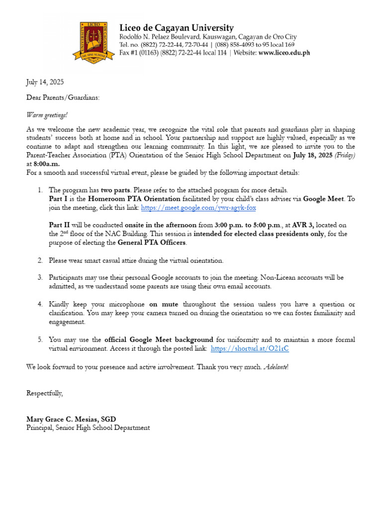 Notics To Parents HRPTA Orientation | PDF