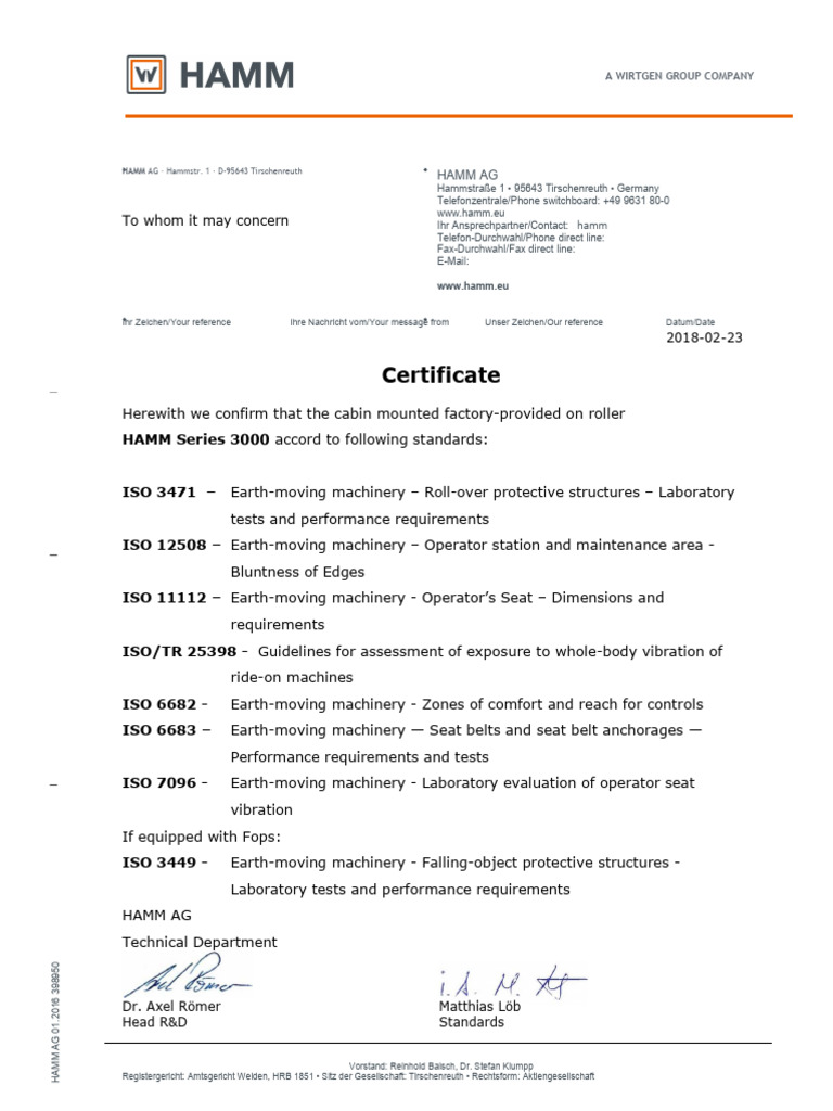 Certificado Cabina Rops Rodillo Hamm | PDF