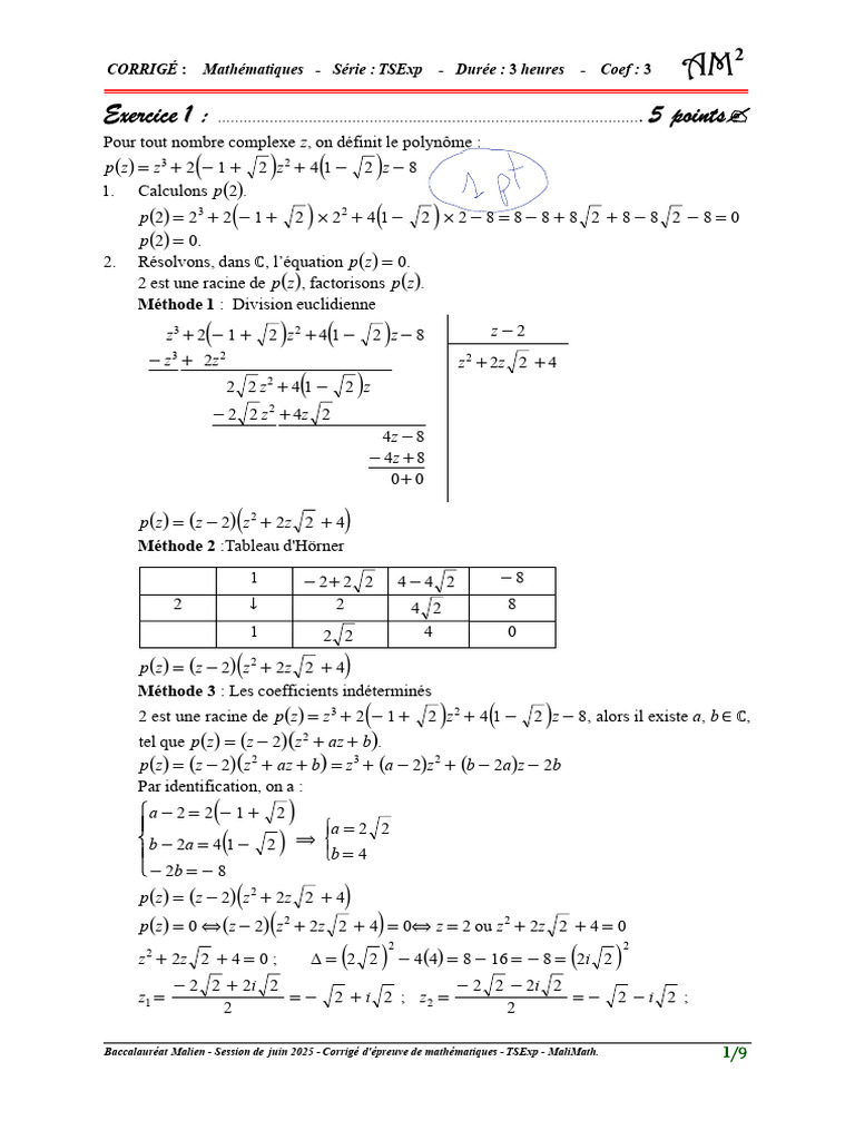 Corrigé Bac Maths 2025 - TSExp | PDF | Zéro d'une fonction | Algèbre ...