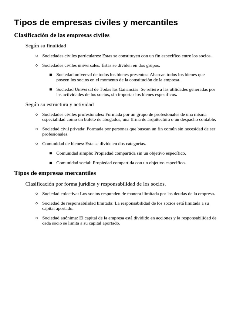 Tipos de Empresas Civiles y Mercantiles | PDF