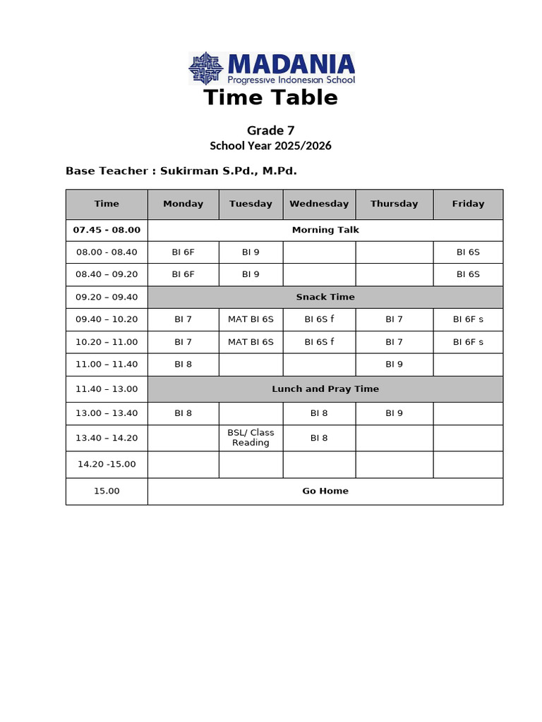 Grade 7 Timetable 2025/2026 | PDF