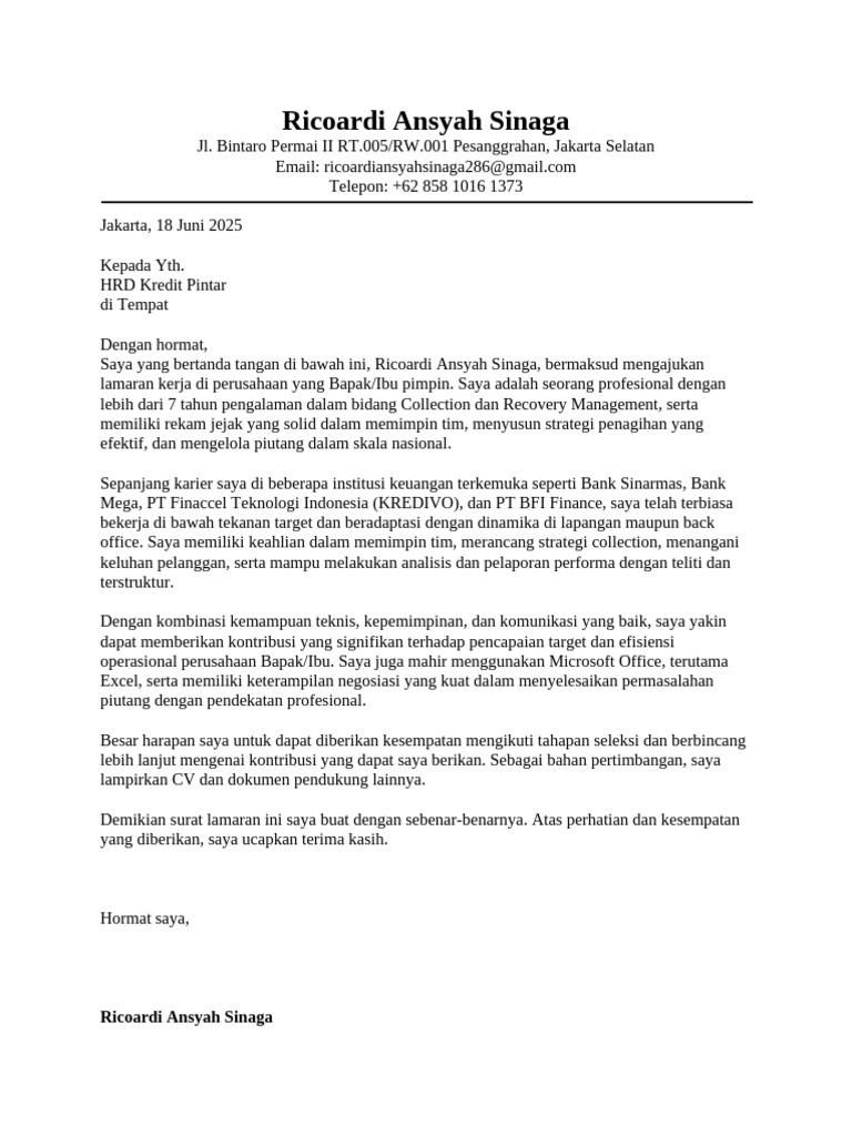 Cover Letter Ricoardi Ansyah Sinaga | PDF