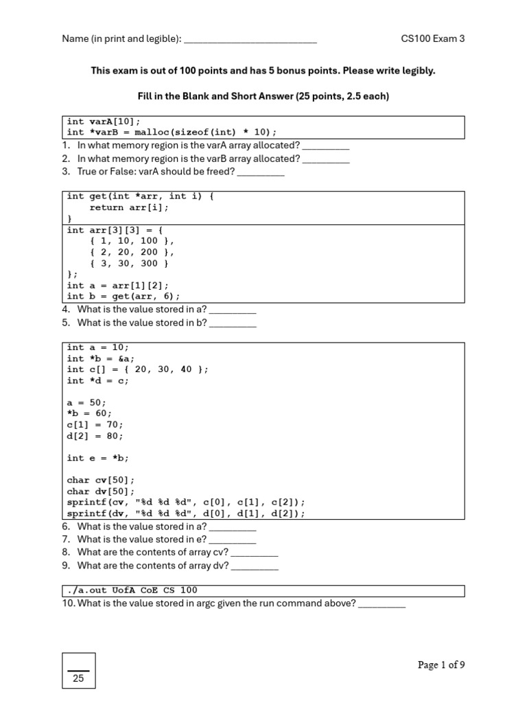 CS100 Exam 3: C Programming Questions | PDF | Computing | Software ...