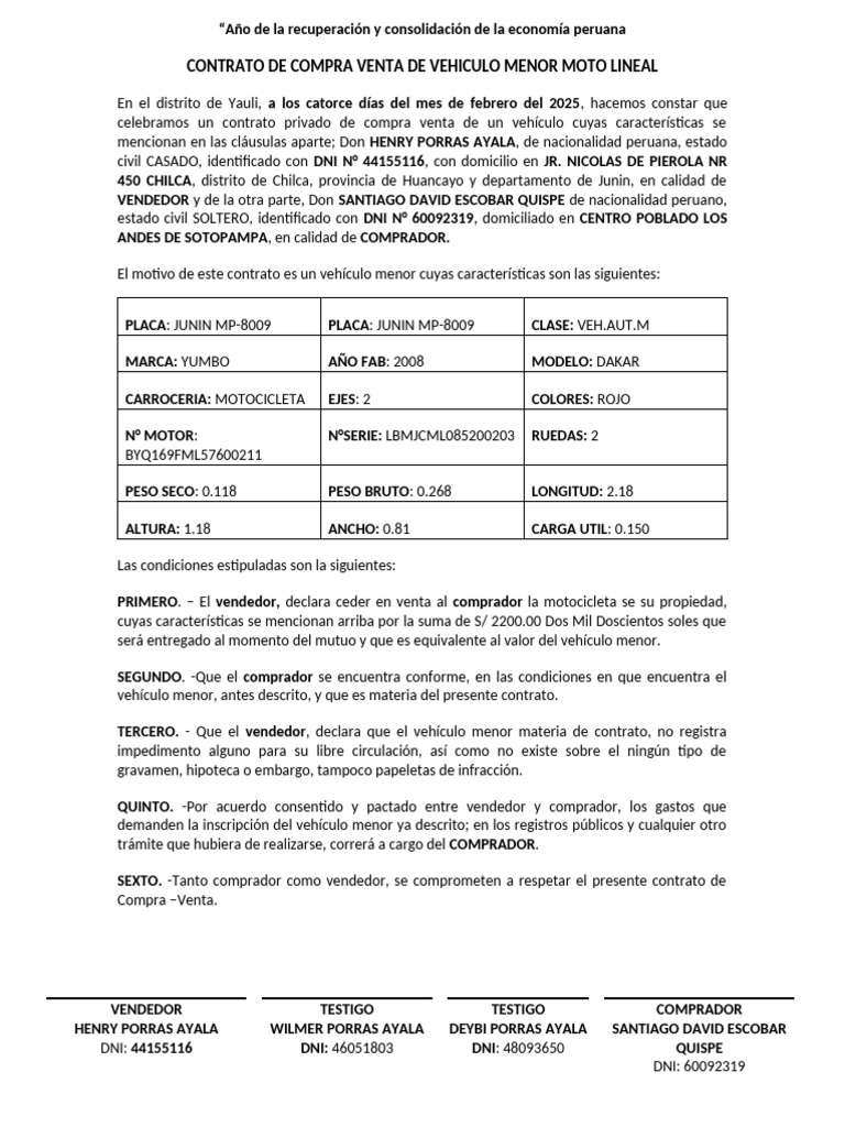 Contrato de Compra Venta de Motocicleta | PDF
