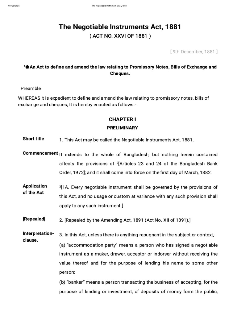 NI Act 1881 | PDF | Negotiable Instrument | Promissory Note