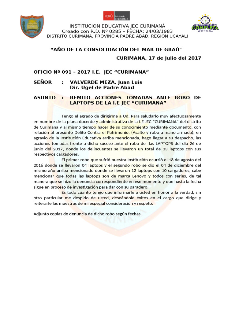 Oficio Acciones Tomadas Robo Laptops Pdf