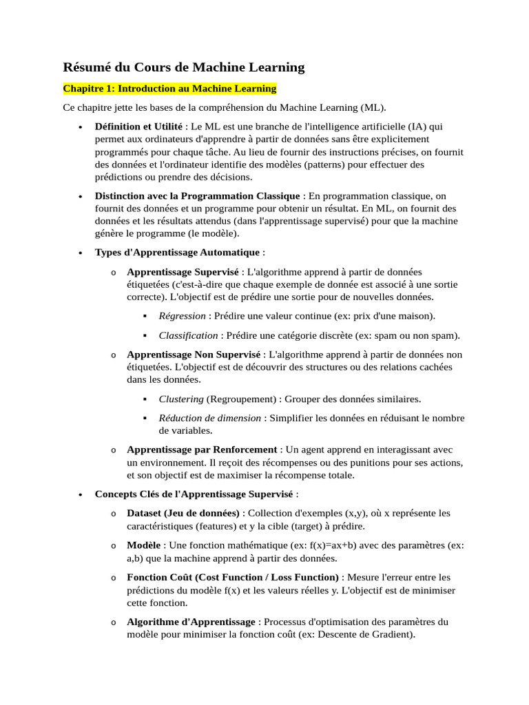 Résumé du Cours de Machine Learning | PDF | Apprentissage automatique ...