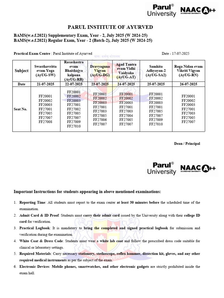 BAMS 2nd Year Exam Schedule July 2025 | PDF