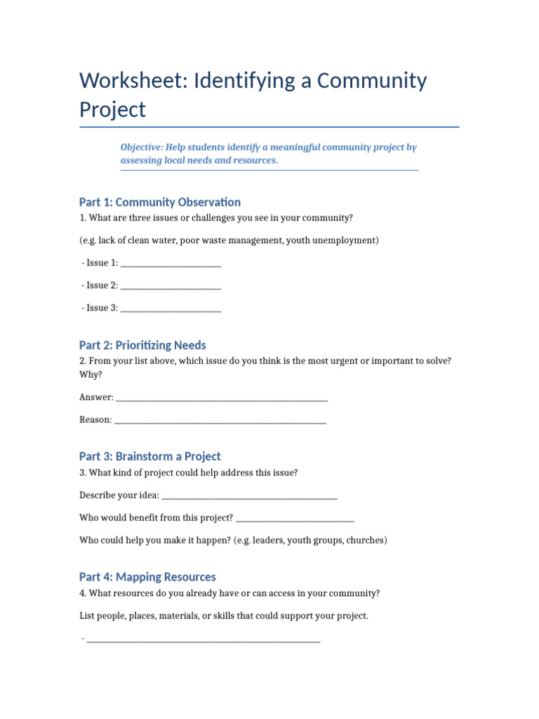 Community Project Planning Worksheet | PDF