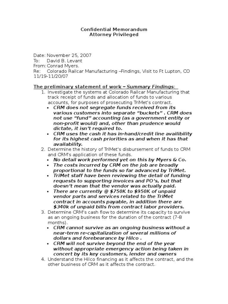 Confidential Memo To Dlevant 112507 | PDF | Accounts Payable | Debt
