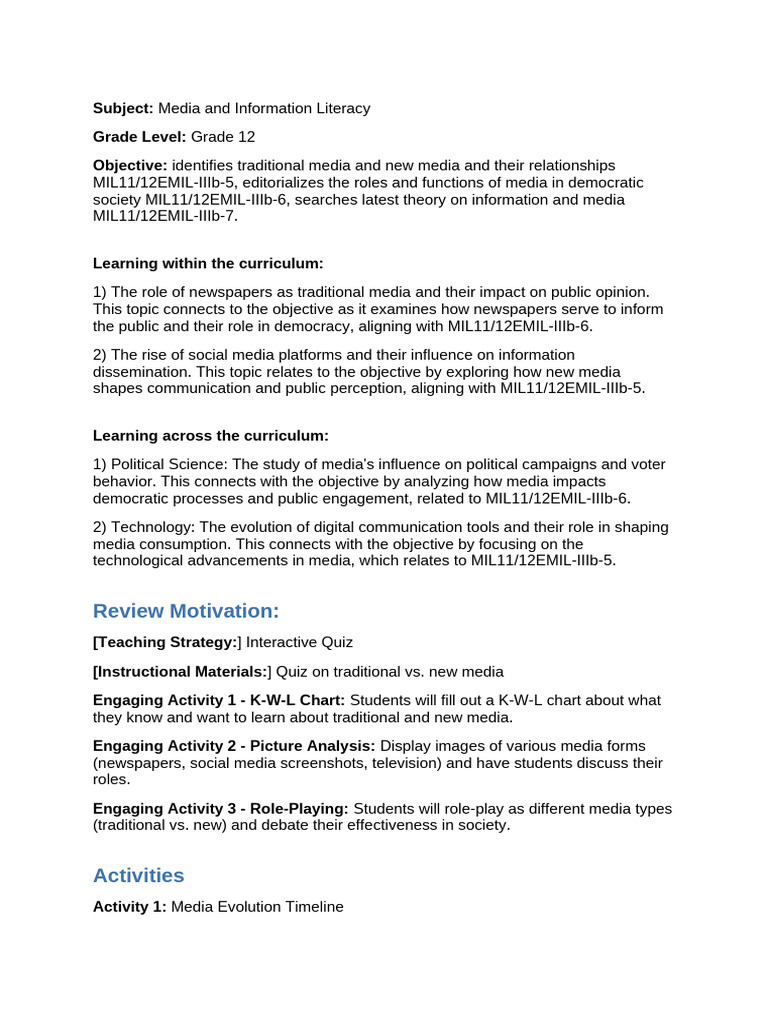 Lesson - Plan - Media and Information Literacy | PDF | New Media ...