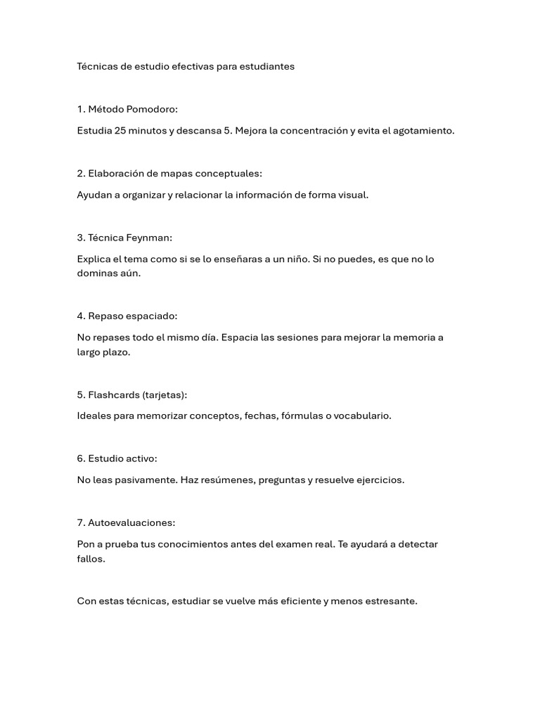 Técnicas de Estudio Efectivas para Estudiantes | PDF