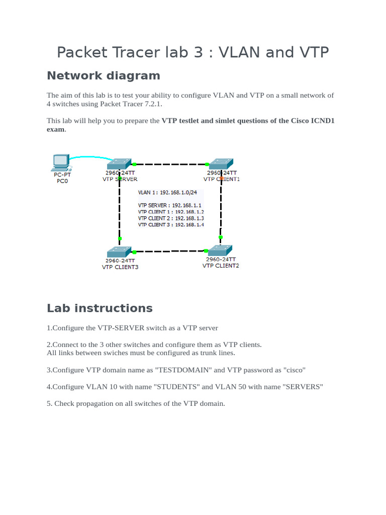Packet Tracer Lab 3 VLAN and VTP | PDF | Networking Standards | Data  Transmission