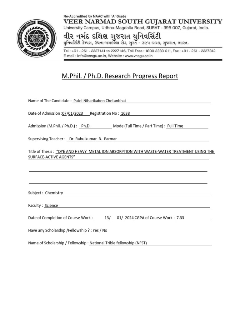 PhD Research Progress Report: Patel Chetanbhai | PDF | Thesis | Doctor ...