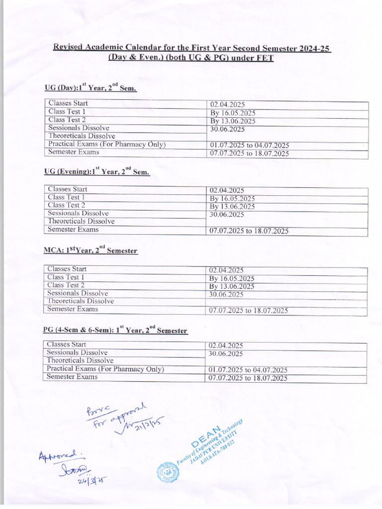Revised Academic Calendar For 1st Year 2nd Semester 2024-25 UG & PG Day ...