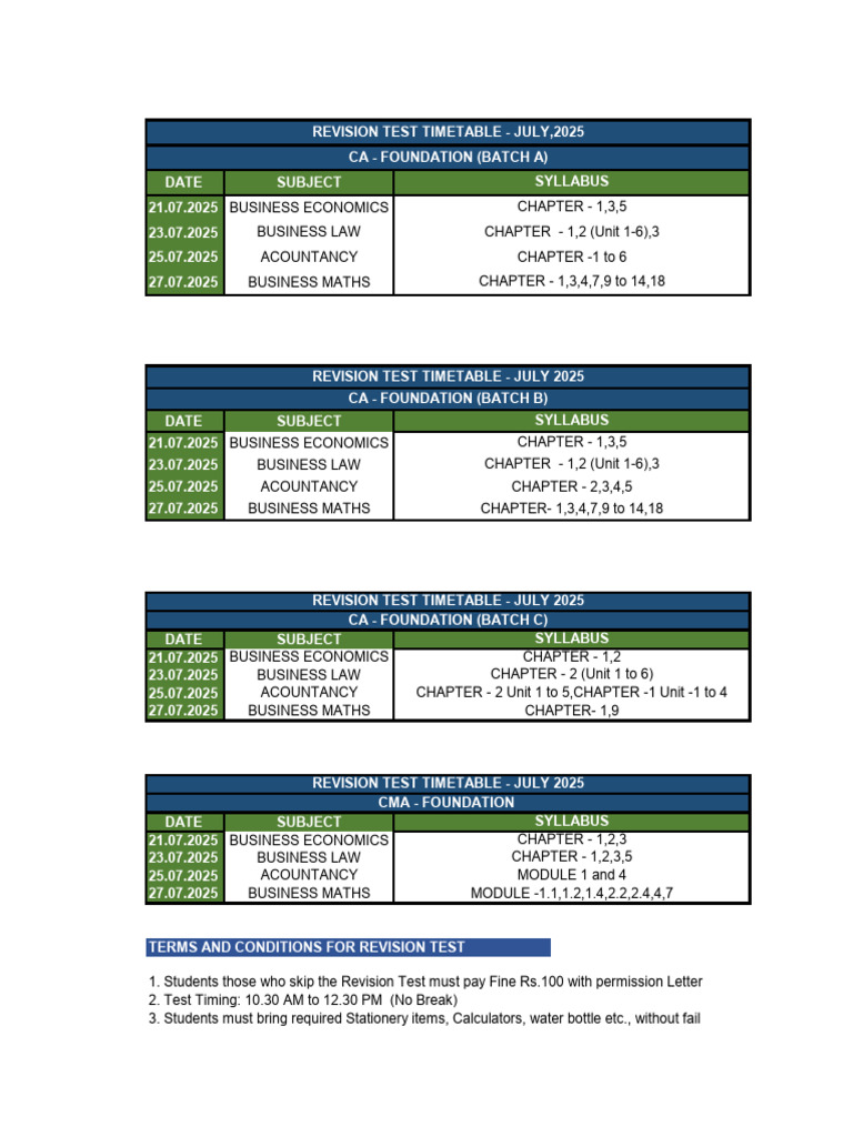 July 2025 Revision Test Timetable | PDF | Chess Theory | Chess