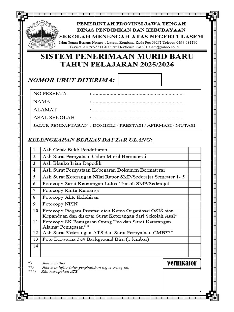 Pendaftaran Murid Baru SMA Lasem 2025/2026 | PDF