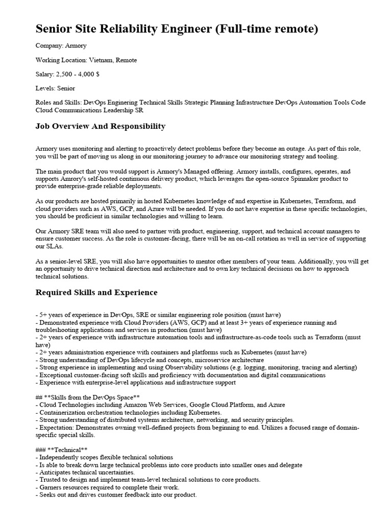 Senior Site Reliability Engineer Full Time Remote | PDF | Cloud ...