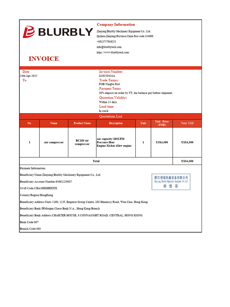 Zhejiang Blurbly Machinery Invoice | PDF | Banking