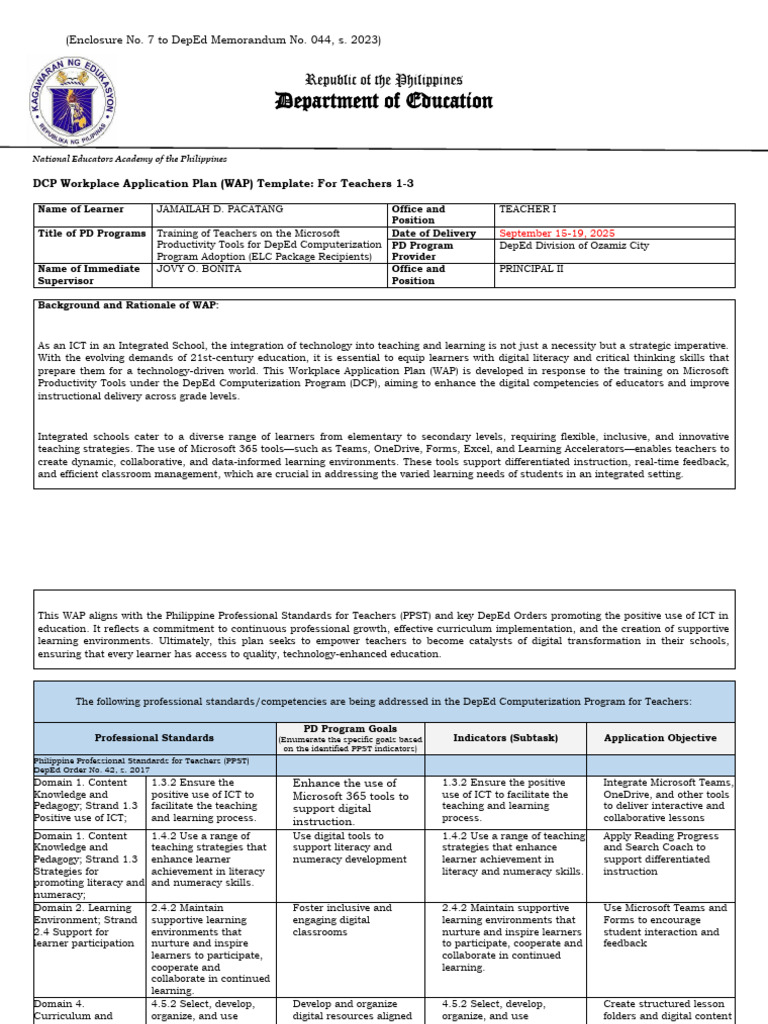 DCP Workplace Application Plan for Teachers | PDF | Educational ...