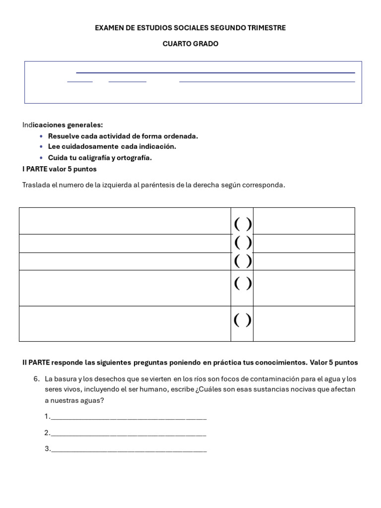 Examen de Estudios Sociales 4° Grado | PDF | Agua | Océanos