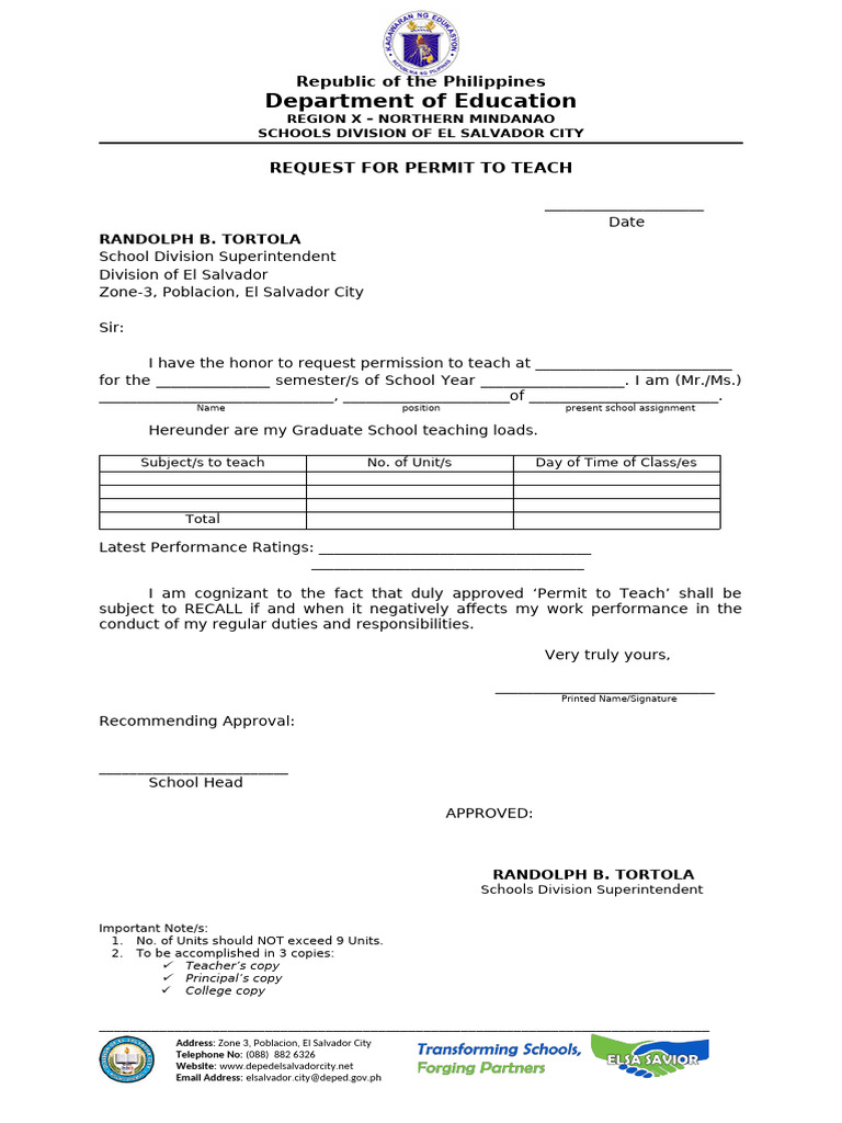 Request for Teaching Permit Form | PDF | Government