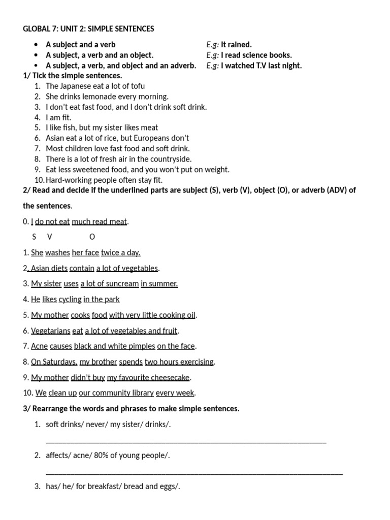 Simple Sentences and Structure Exercises | PDF | Verb | Foods