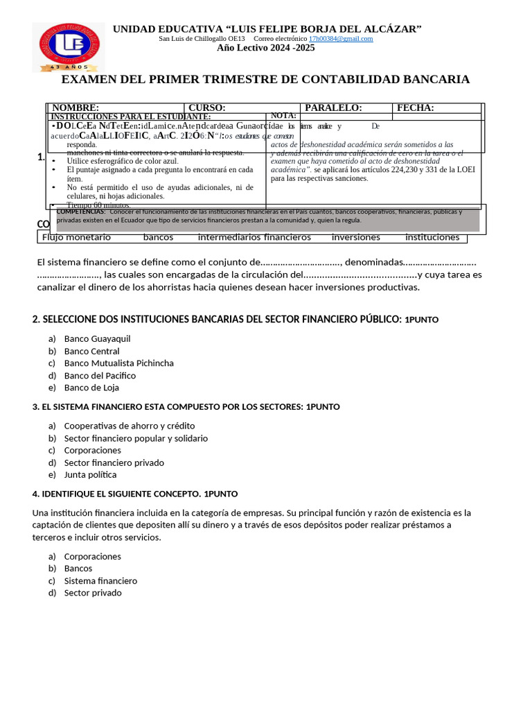 EVALUACION 3ro BANCARIA | PDF | Bancos | Sistema financiero