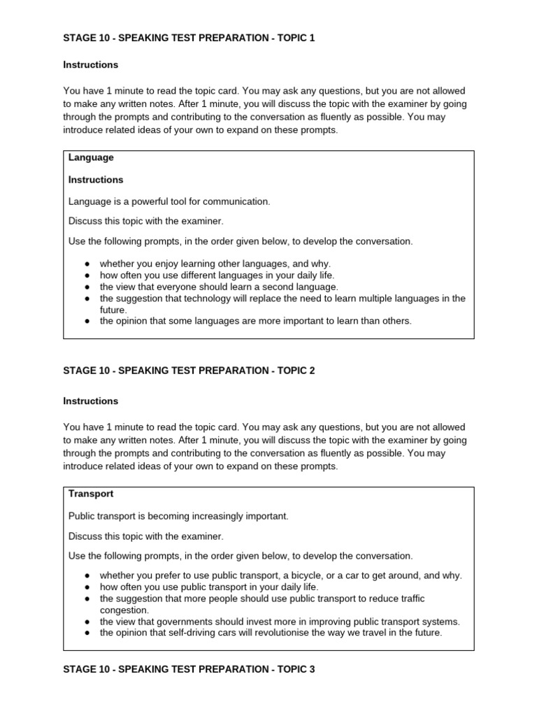 Stage 10 - Speaking Test Topic Cards Made Up Samples | PDF | Artificial ...