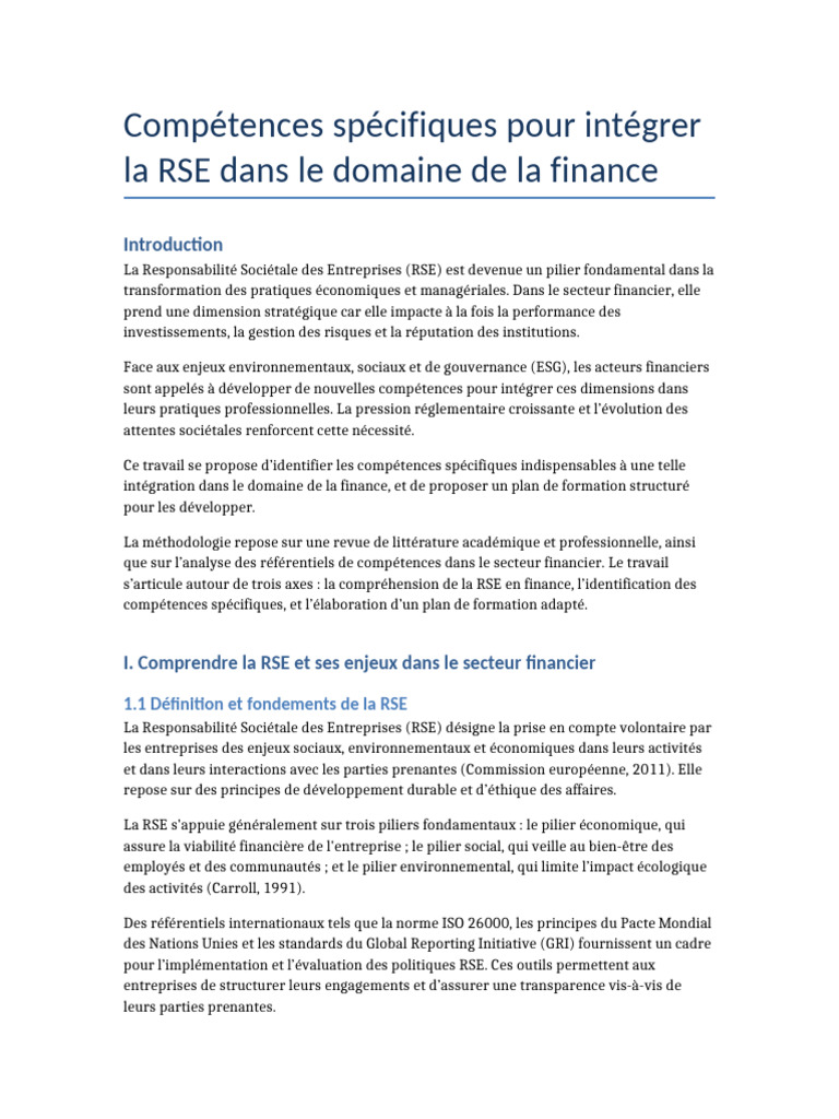 Intégration de la RSE en finance : compétences clés | PDF ...
