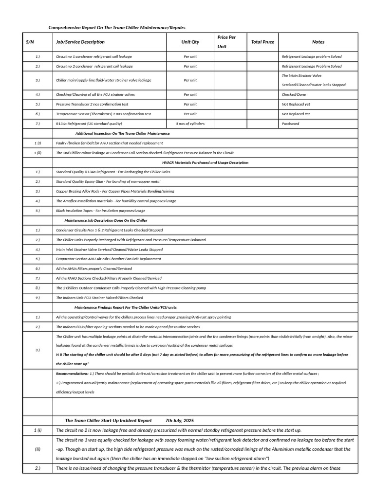 Trane Chiller Maintenance Report | PDF | Leak | Building Automation