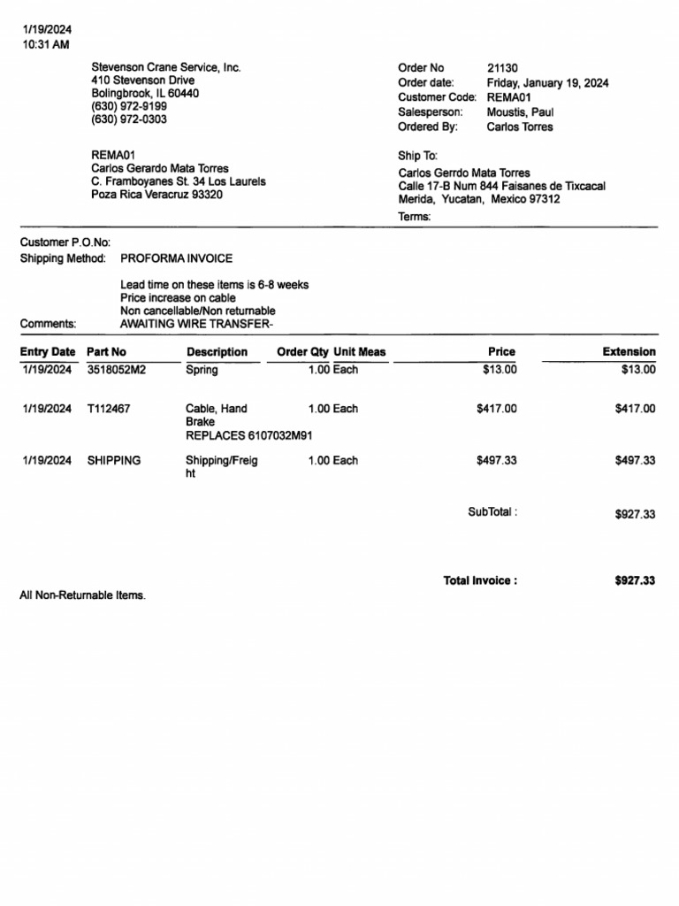 $927.33 Paul Chicotes Proforma | PDF