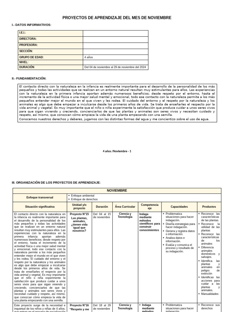 Proyectos de Aprendizaje Infantil Noviembre | PDF | Aprendizaje ...