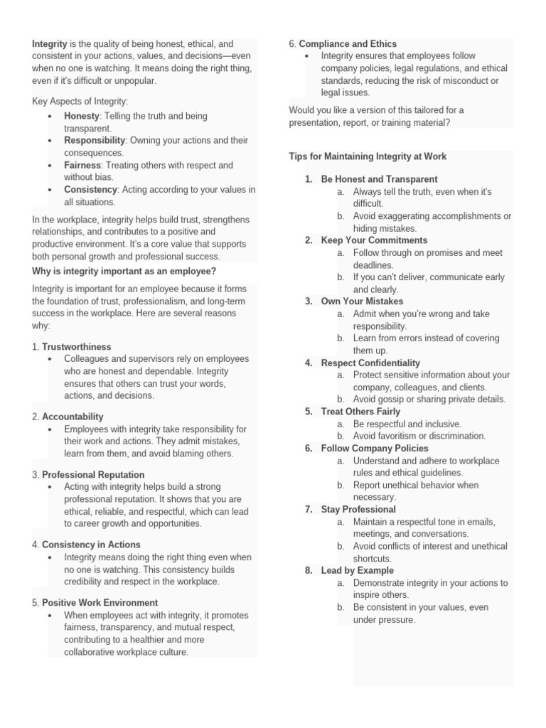 Importance of Integrity in the Workplace | PDF | Integrity | Economies