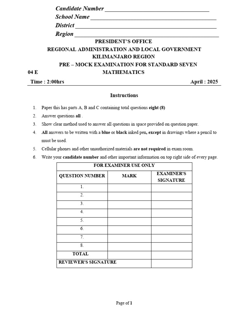 2025 Pre-Mock Exam: Mathematics Standard 7 | PDF | Area