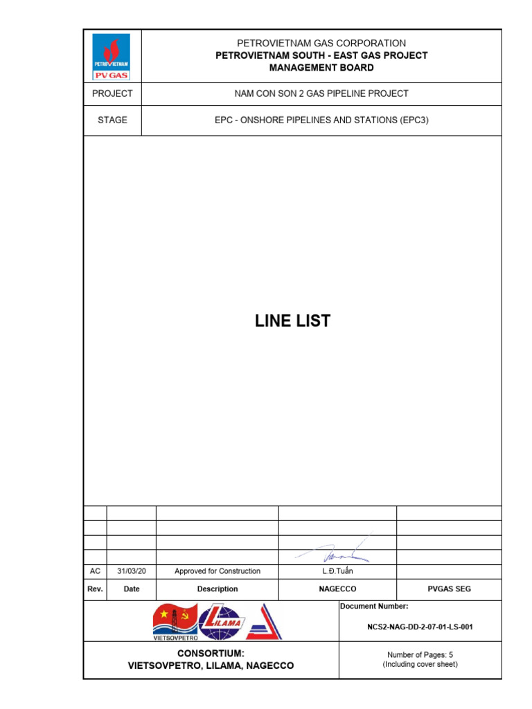 Nam Con Son 2 Gas Pipeline Line List | PDF | Liquids | Process Engineering