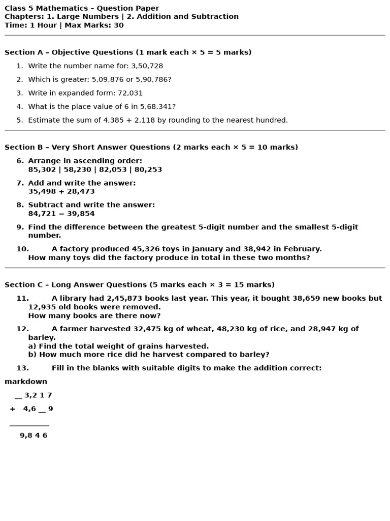 Class 5 Math Question Paper: Large Numbers | PDF