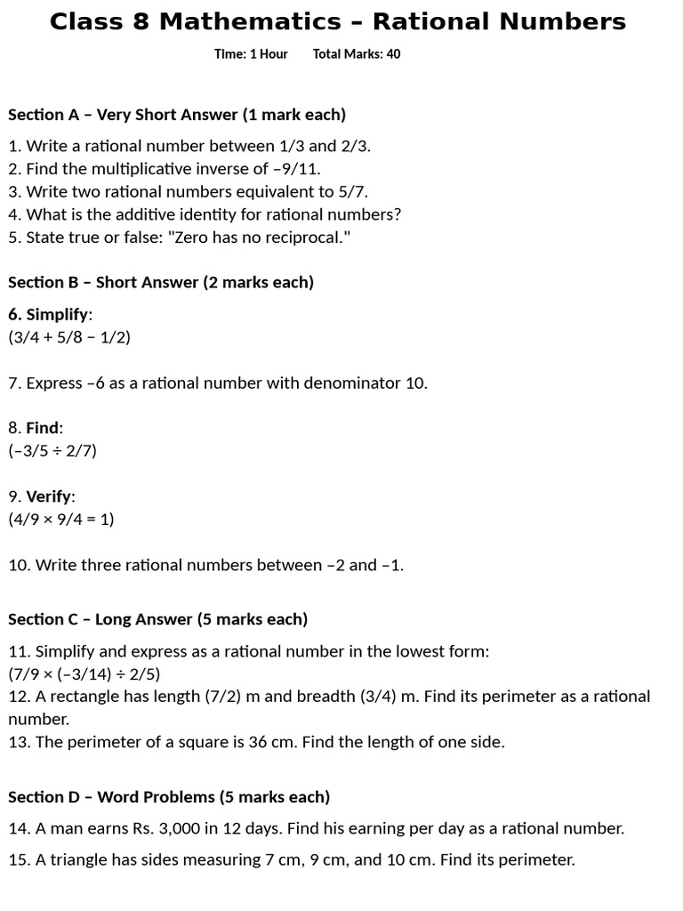 Class 8 Rational Numbers Test Paper | PDF