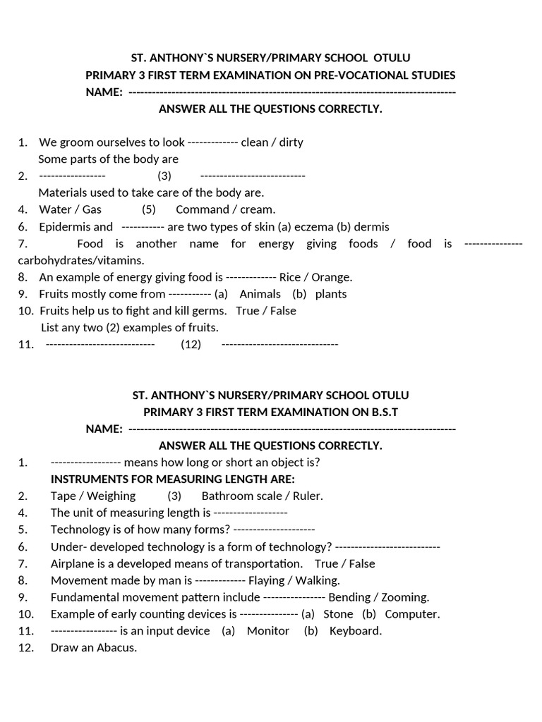 Primary 3 First Term Exam Questions | PDF | Foods