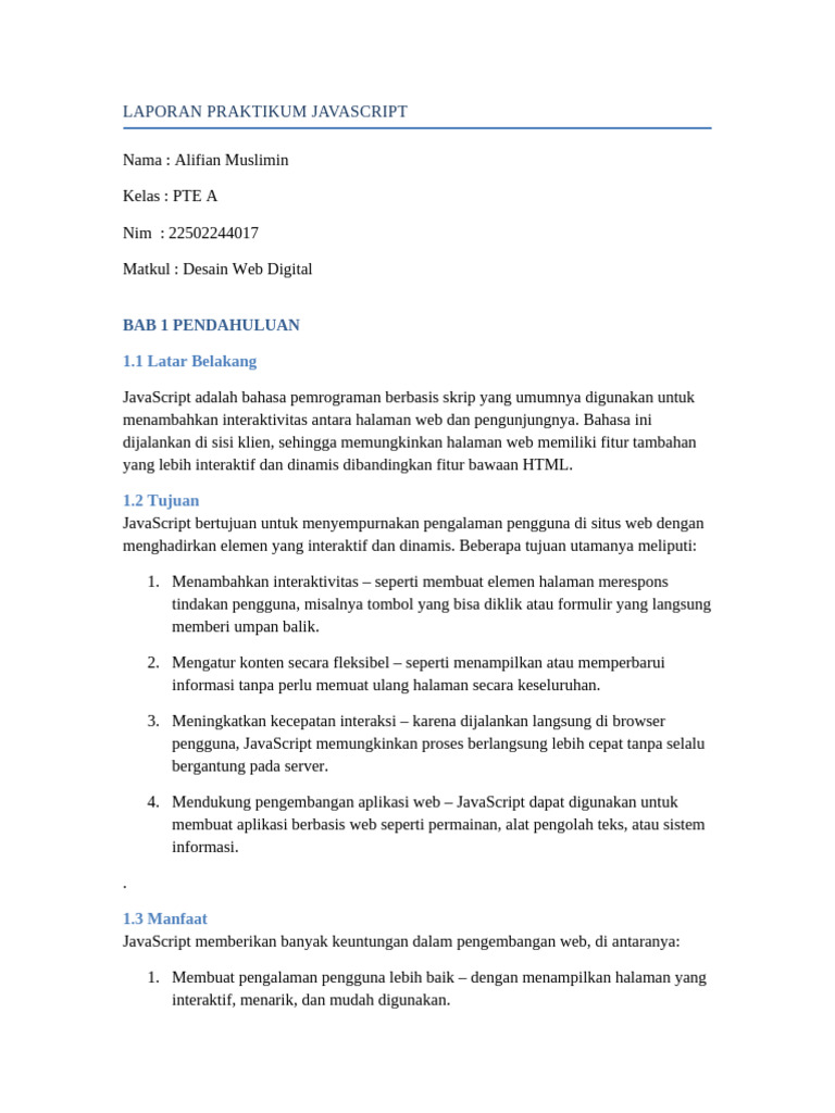 Template Laporan Praktikum JavaScript Alifiaaaaaan | PDF