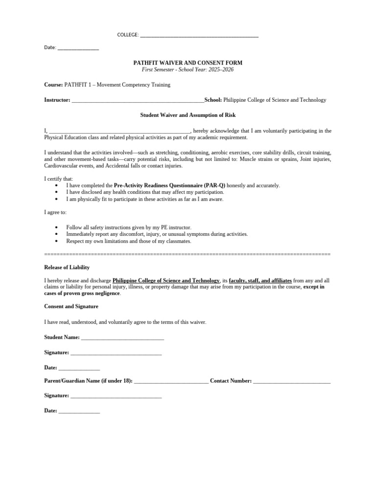 PATHFIT Waiver and Consent Form 2025-2026 | PDF