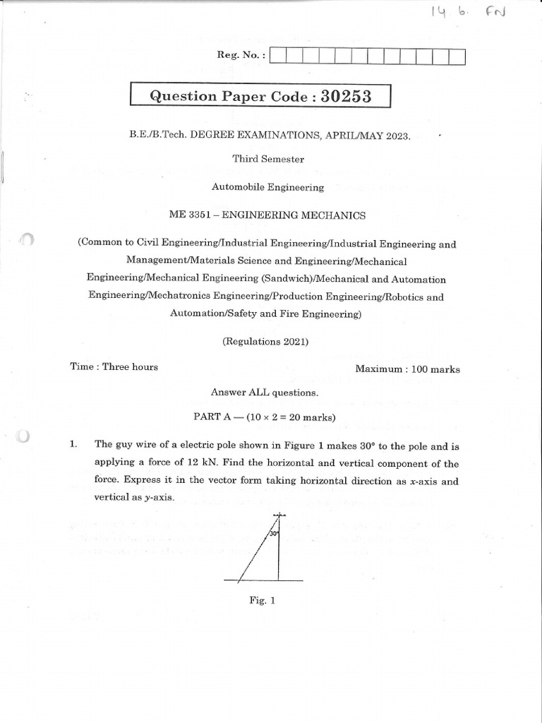ME3351 Engineering Mechanics Paper | PDF | Engineering | Structural ...
