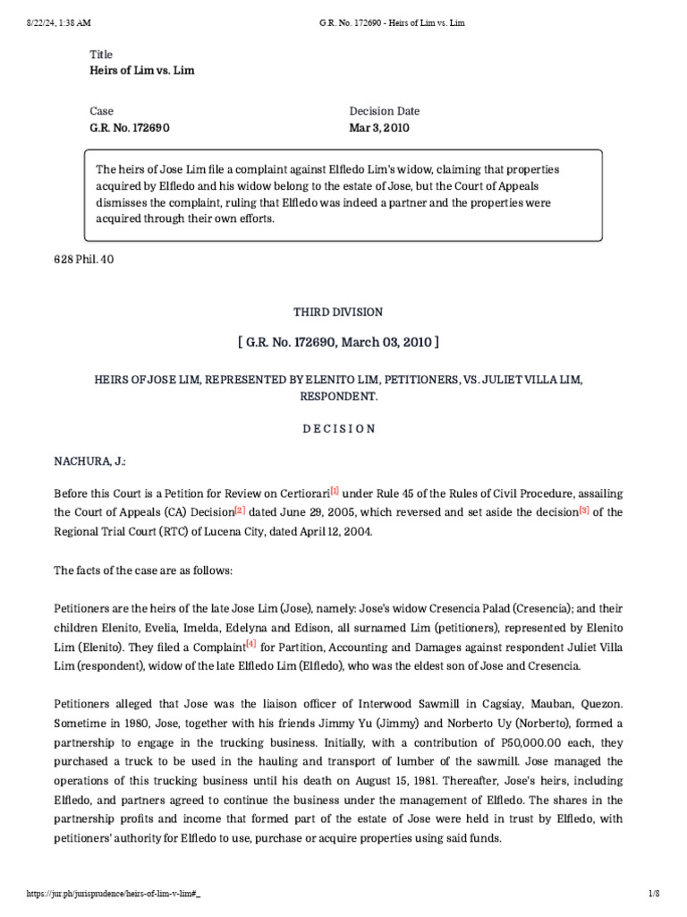 G.R. No. 172690 - Heirs of Lim vs. Lim | PDF | Burden Of Proof (Law ...